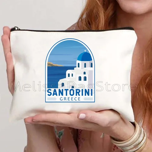 Imagen 2 del producto Atenas Grecia Santorini Oia isla amor corazón paisaje viaje arte lindo regalo lona cosmética maquillaje bolsa de aseo estuche para lápices bolsa