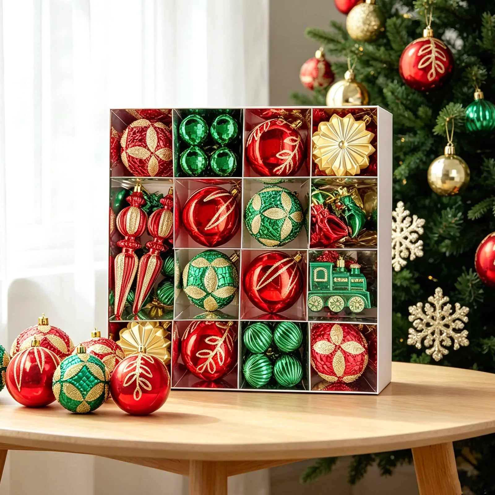 Creative Red Green Gold Assorted-Shaped Christmas Ornaments Train Engine Gift Set Snowflake Ornaments Hand-Painted Christmas Orn