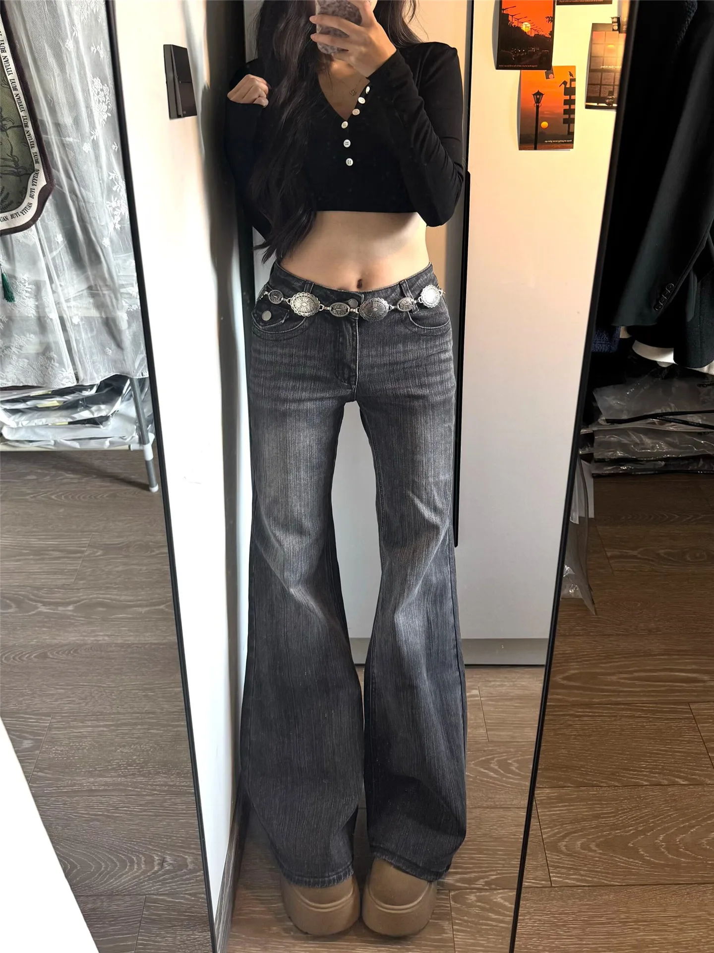 

Low Waist Bell Bottom Denim Jeans Women's Loose Slimming Vintage Floor Length Casual Pants Grey Bamboo Fiber Texture