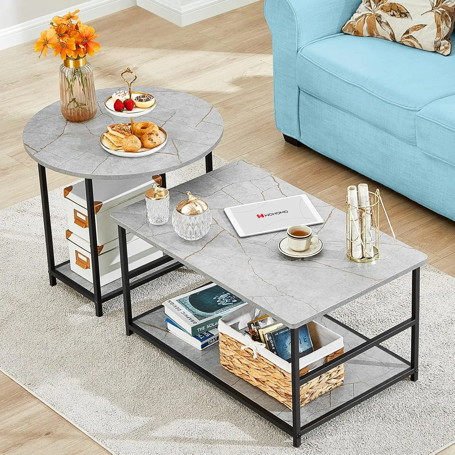 Coffee Table, Modern Style Coffee Tables for Living Room Marble Center Table with Storage 2 in 1Detachable Table Set,Grey