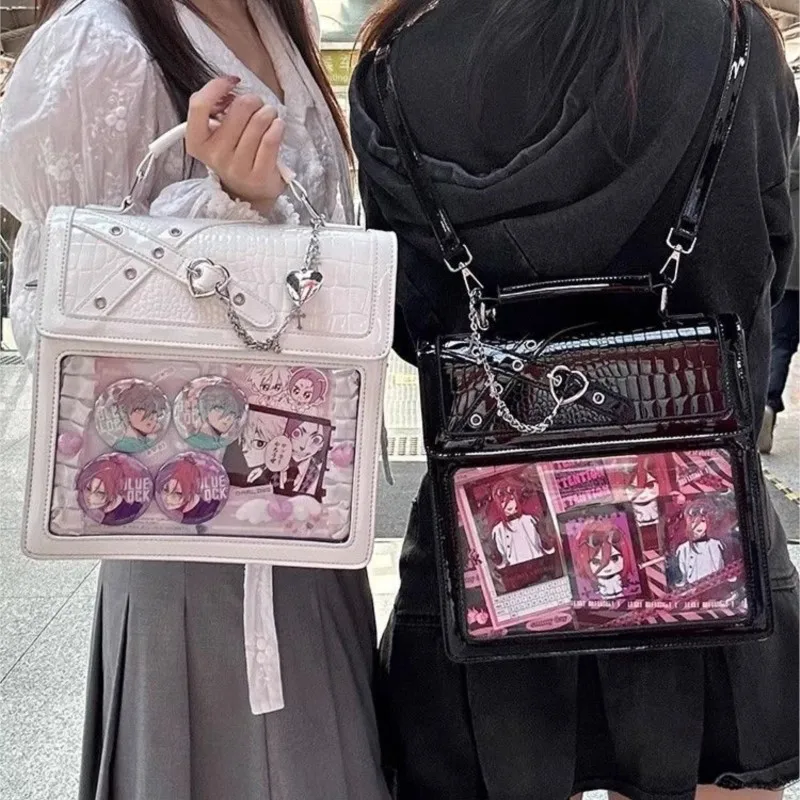 

Retro Harajuku Chain Backpack Women Transparent Anime Square Large Capacity Backpack Ladies Subculture Gothic Mochilas Mujer New