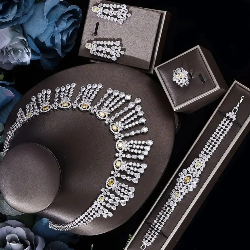 

Набор ювелирных украшений для невесты 2024 года, 4 предмета, большой свадебный комплект, модные украшения с фианитами, колье и серьги, элегантные аксессуары для женщин на выпускной и вечеринку