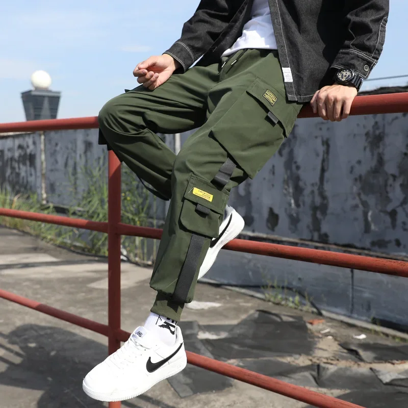 Thin Streetwear Casual Pants Men Ribbons Harem Jogging Pants Male Slim Fit Spring Cargo Pants Multi-Pockets Women Trouser Jx1