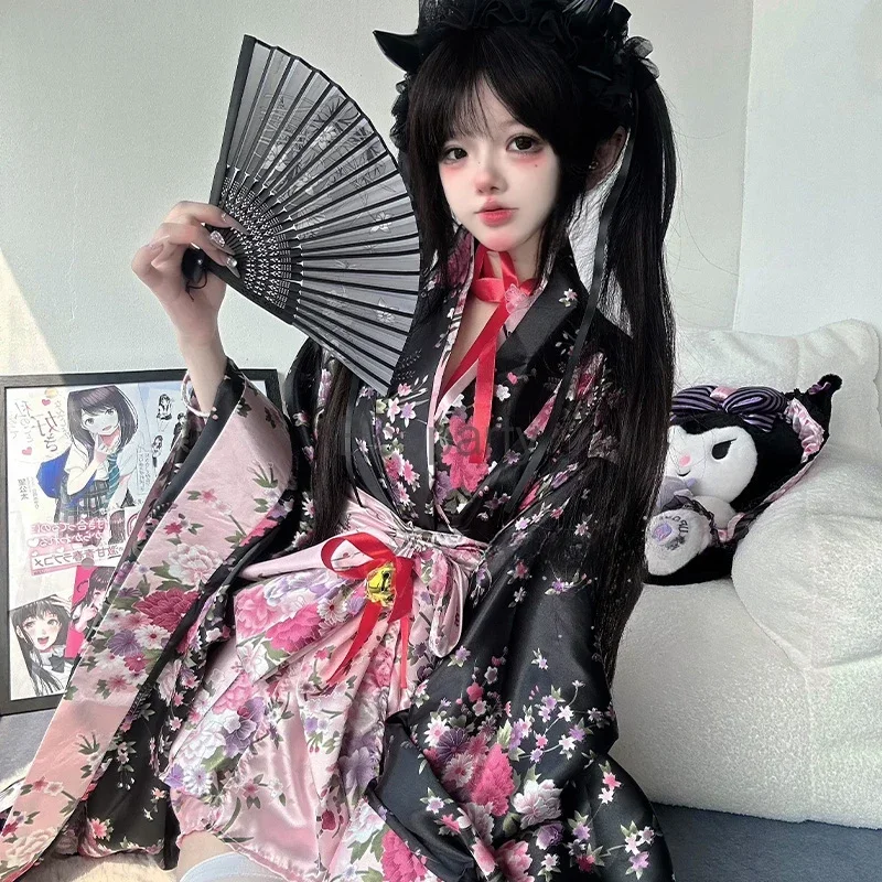Abito kimono tradizionale giapponese Kawaii Pink Sakura stampato Bowknot Lolita Dress Halloween Party Geisha Costumi Cosplay coscos