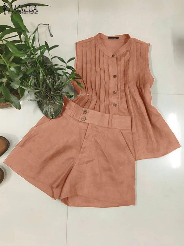 

Casual Short Sets Women Vintage Solid Tops Loose Short Pants 2025 ZANZEA OL Office Outfits Fashion Summer Matching Sets Oversize