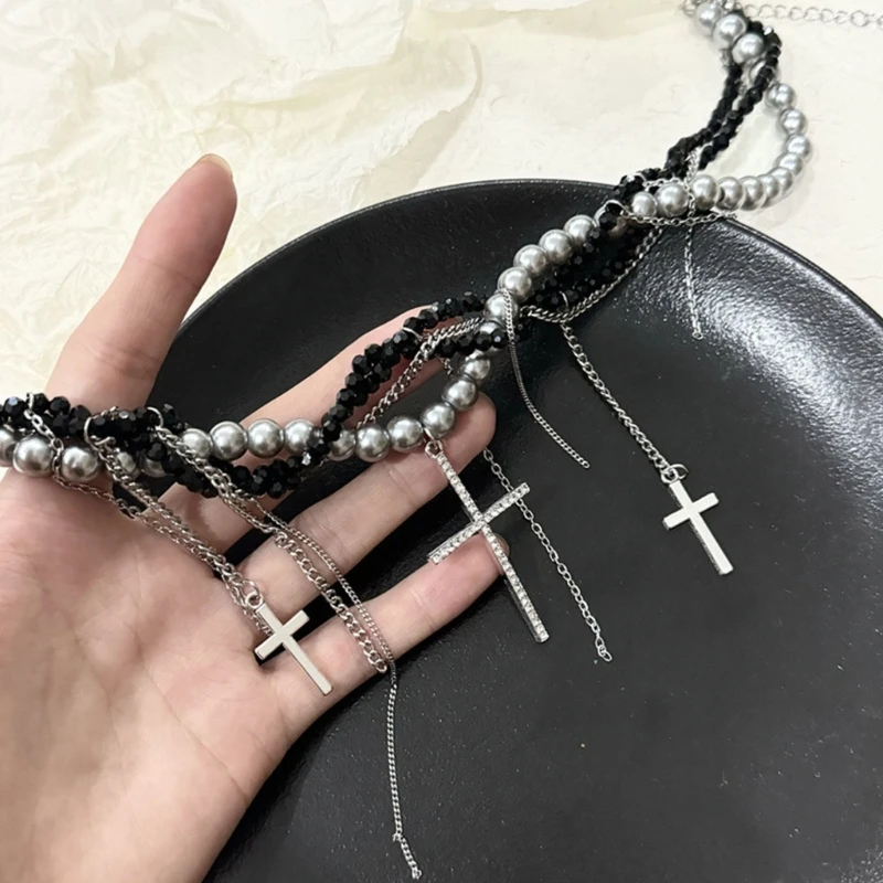 Unique Pearls Entwined Chain Choker with Fringes Crucifix Charm Necklace Jewelry