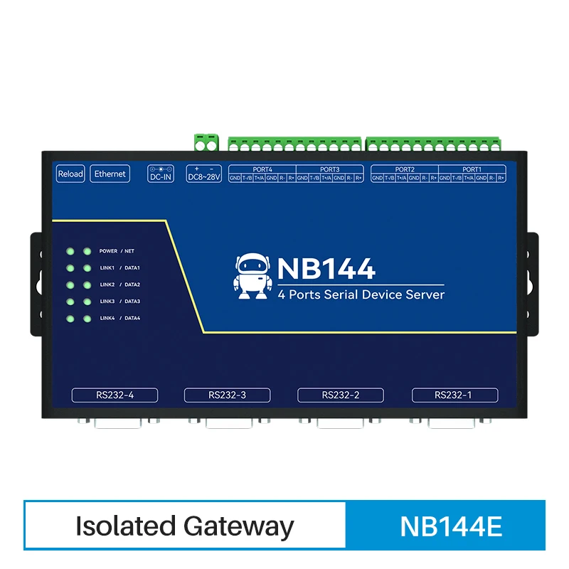 

Isolated 4 Ports Serial Server RS232 RS422 RS485 RJ45 Modbus Gateway POE Receiving Power TCP/UDP/MQTT NB144E