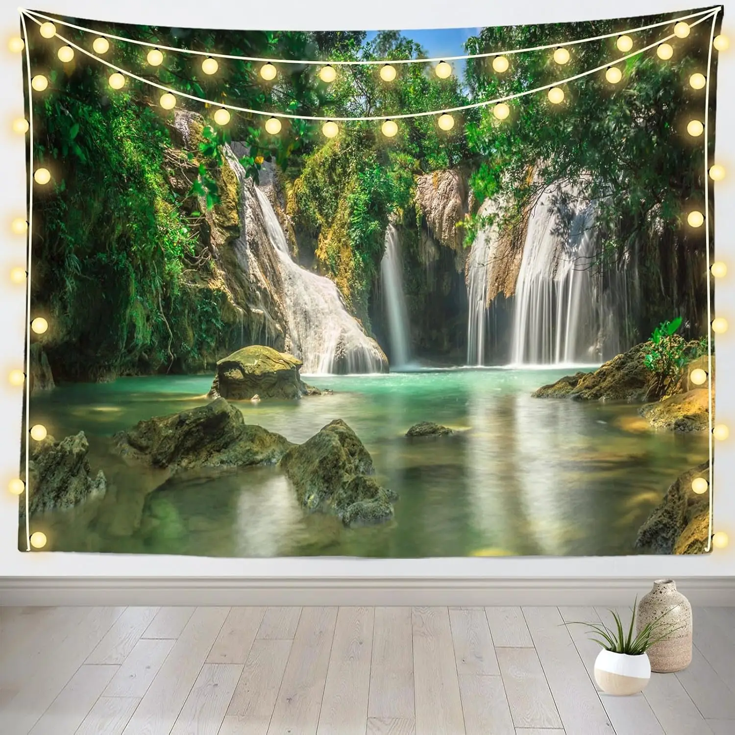 Natural Waterfall Tapestry Green Plants Mountain Lake Cascade Paradise Wall Hanging Nature Outdoor Tapestry for Bedroom