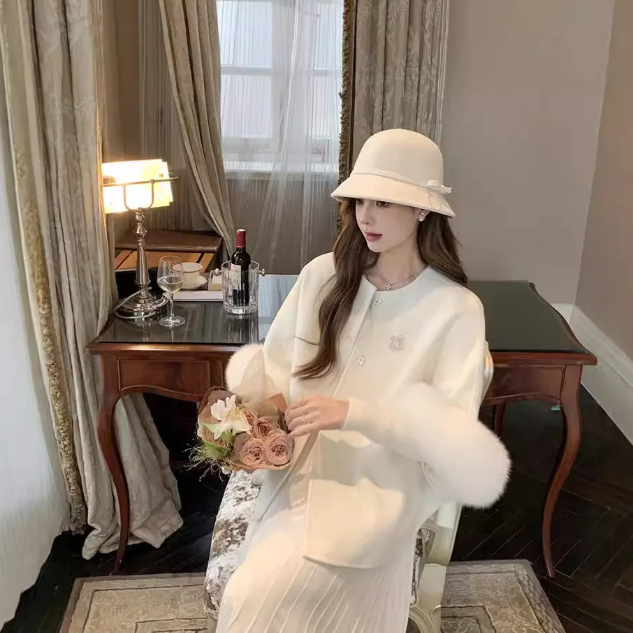 

Double-Sided Fur ort Coat Women's Cable Knit Button-Up Collar Long Sve Winter Jaet Luxury Velvet Trim Coat