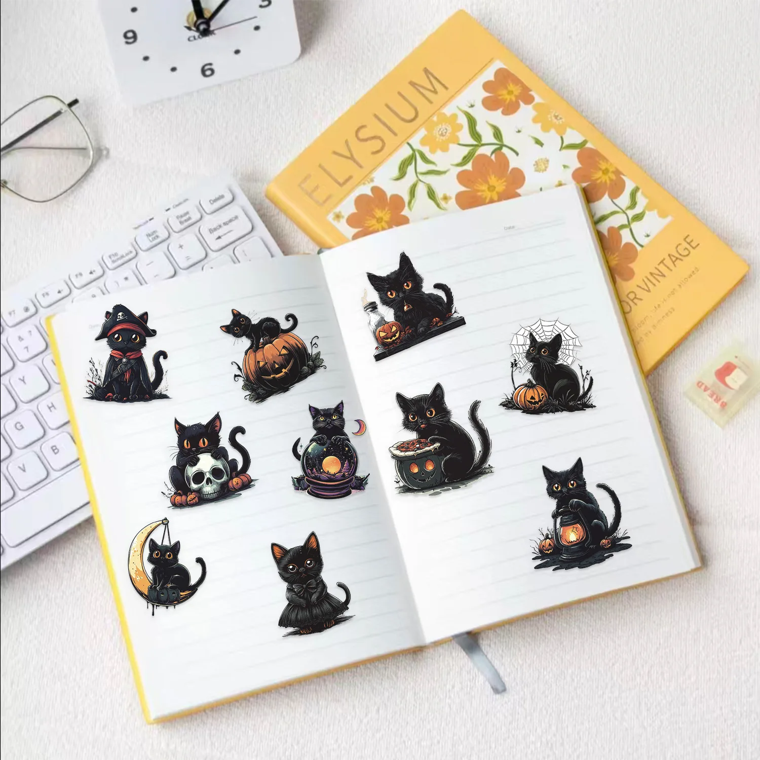 50Pcs Halloween Black Cat Fun Stickers Decoration Computer Scrapbook Refrigerator Phone Case Speaker Guitar Sticker