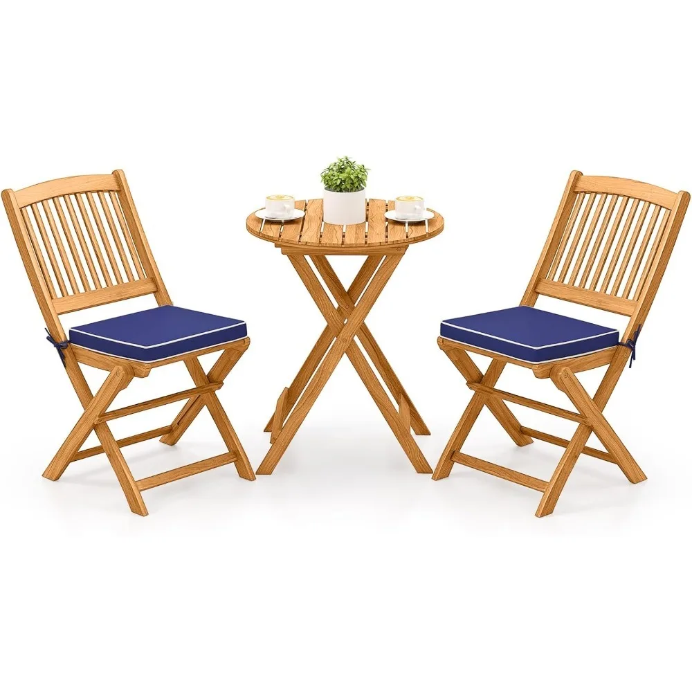 Folding Acacia Wood Bistro Set Outdoor and 2 Chairs with Soft Cushions for Patio Garden Deck Balcony