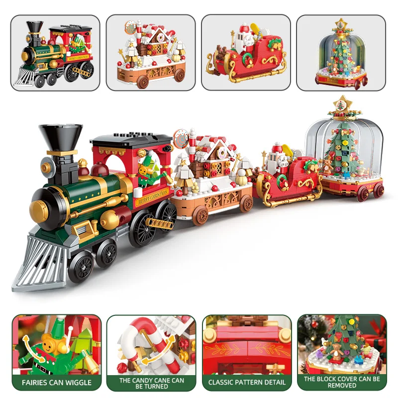 Magic Train Sleigh Gingerbread House Tree Model Buliding Bricks MOC Christmas Town Ideas DIY Blocks Toy Kit Xmas Gift Kids Boys