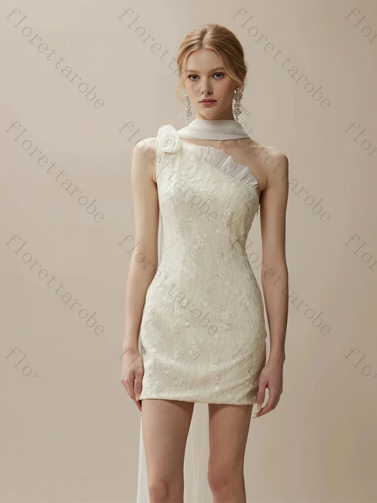 Customized Women Slant Shoulder Tulle Scarf Neck Mini Dress Gold Thread Embroidery Bodycon Dress for Homecoming Evening Party