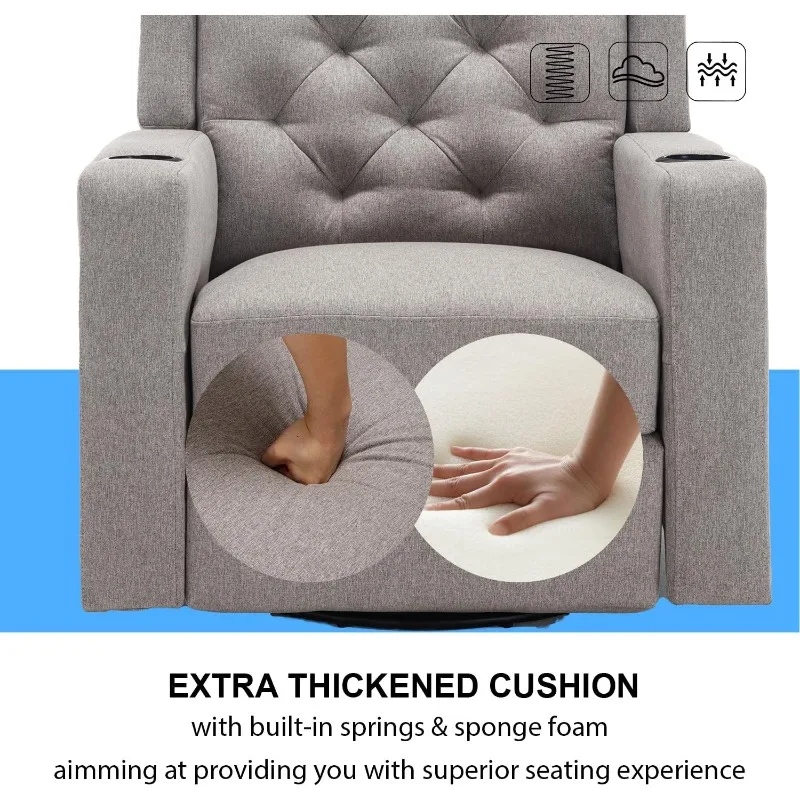 home.330lbs Oversized Swivel Rocker Recliner Chairs Wide Seat Grey Fabric Reclining Rocking Glider Chair with Cup Holders, Heavy