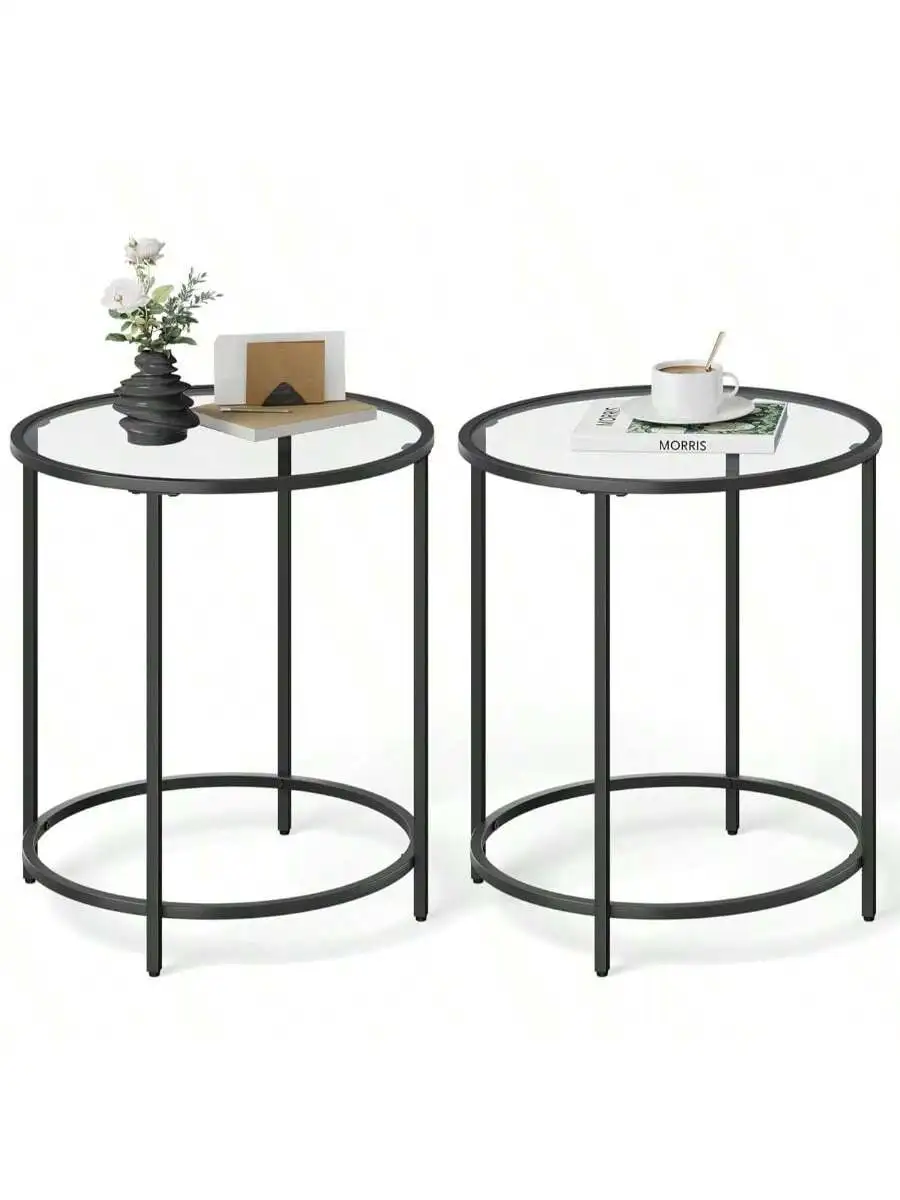 

VASAGLE Round Side Tables, Set Of 2, Glass End Tables With Metal Frame, Black Coffee Tables With Modern Style, For Living Roo