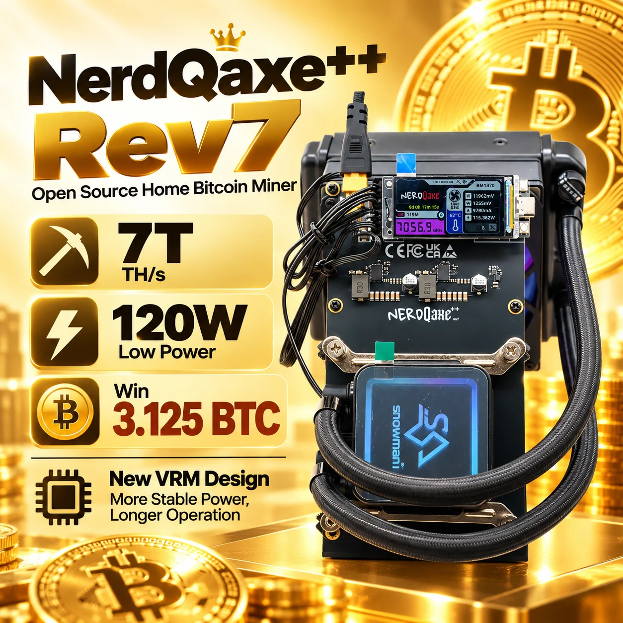 2027 Newest NerdQaxe++ Hydro Rev7 7T 120W BTC Miner 2.4G WiFi 16.5 J/TH Crypto Open Source Bitcoin Miner