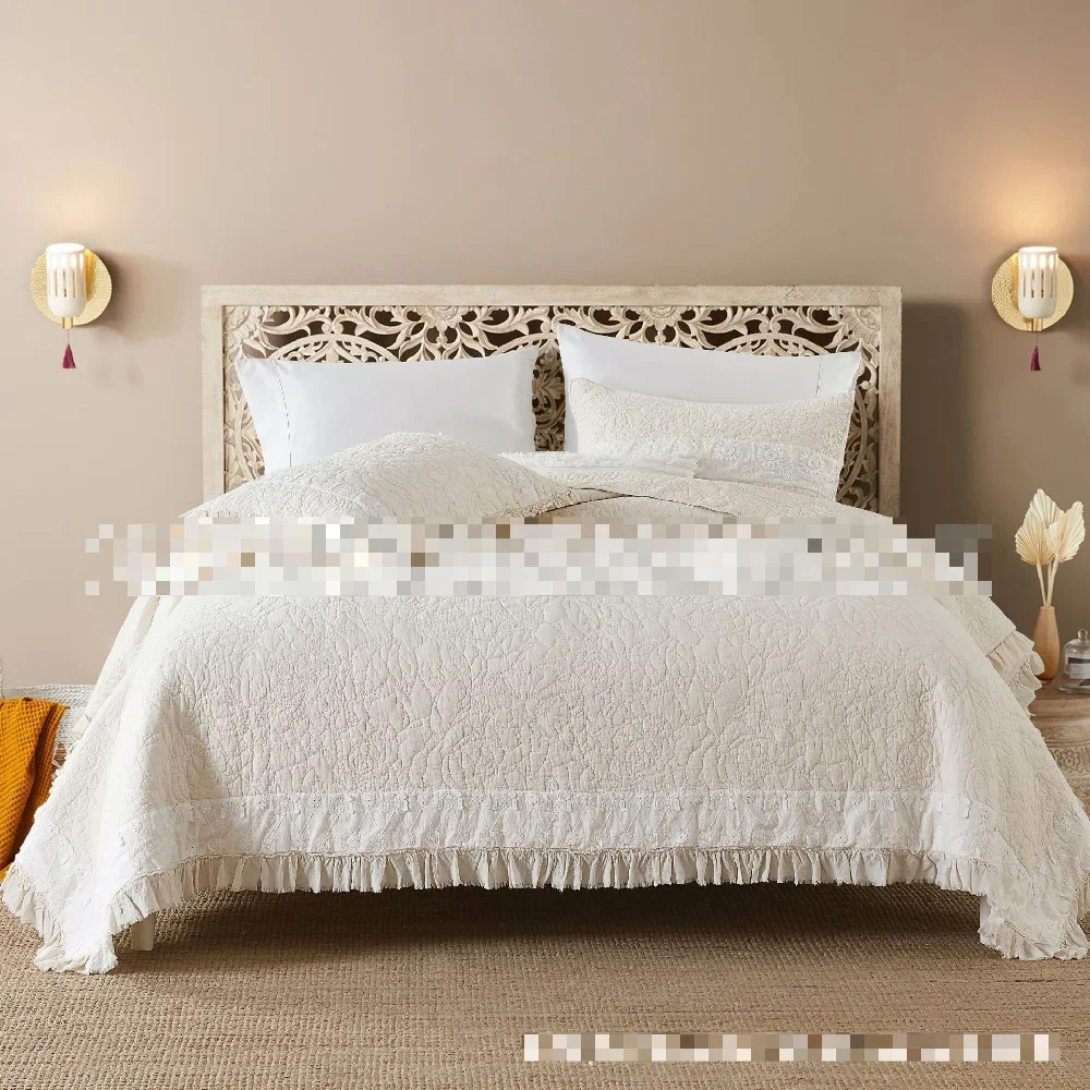 Luxury Cotton Linen Embroidered Quilt 3-Piece Set Minimalist Solid Color Lace Edge Bedspread Coverlet Set Queen Size Home Decor