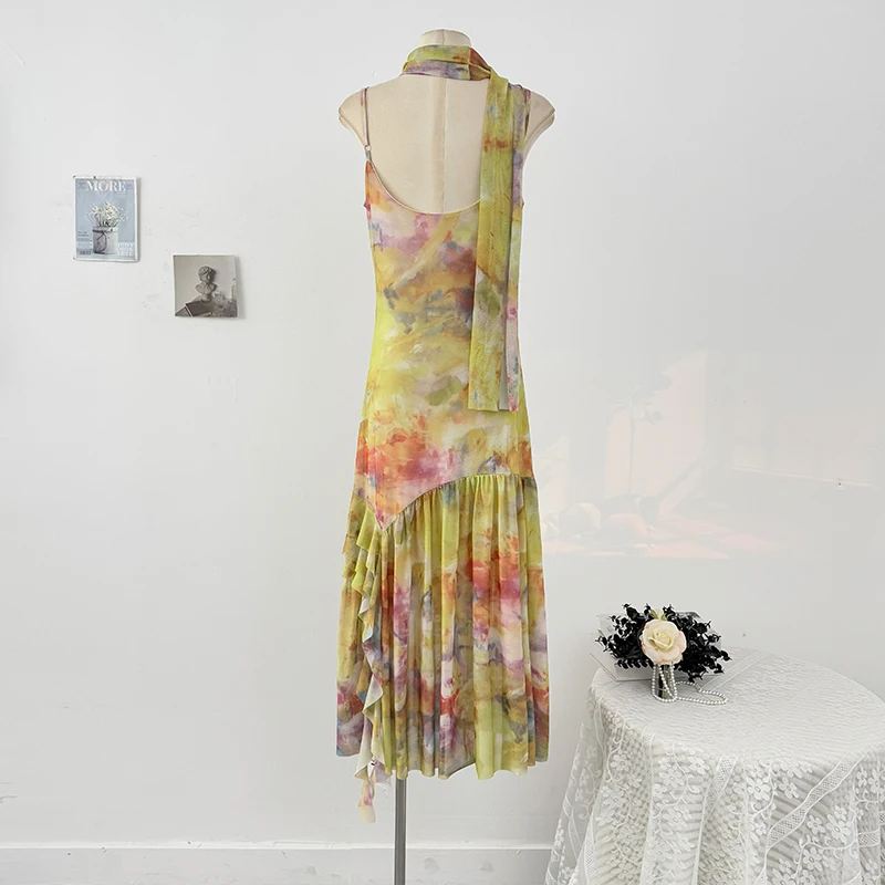 French Style Ombre Oil Painting Cami Dress Women Summer Beach Vacation Style High-Waist A-Line Pleated Bodycon Skirt Dress