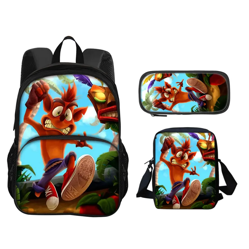

Crash Bandicoot Round Front Bag Backpack Pen Bag Shoulder Bag 3Pcs Set Cartoon Printed New Style Student's Best School Companion