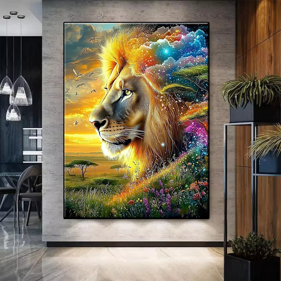 

DIY Diamond Painting Sunset African Plains Animal Lion Full Diamond Embroidery Mosaic Handmade Adult Decoration Gift