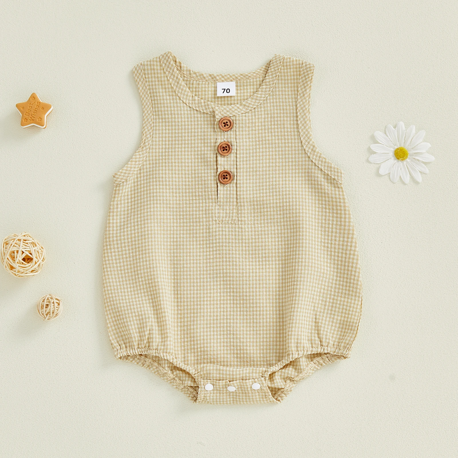Baby Boys Girls Summer Rompers Plaid Pattern Crew Neck Sleeveless Buttons Down Jumpsuits Todder Infant Clothing
