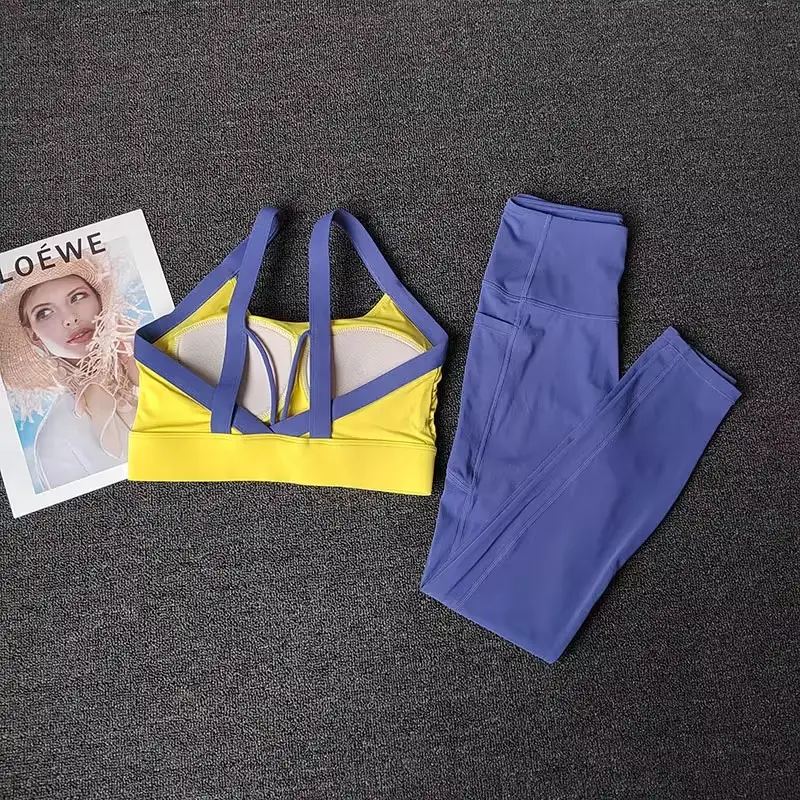 2 pçs feminino high-end yoga treino terno conjunto de fitness conjunto de roupas esportivas ginásio com sutiã esportivo e leggings conjunto