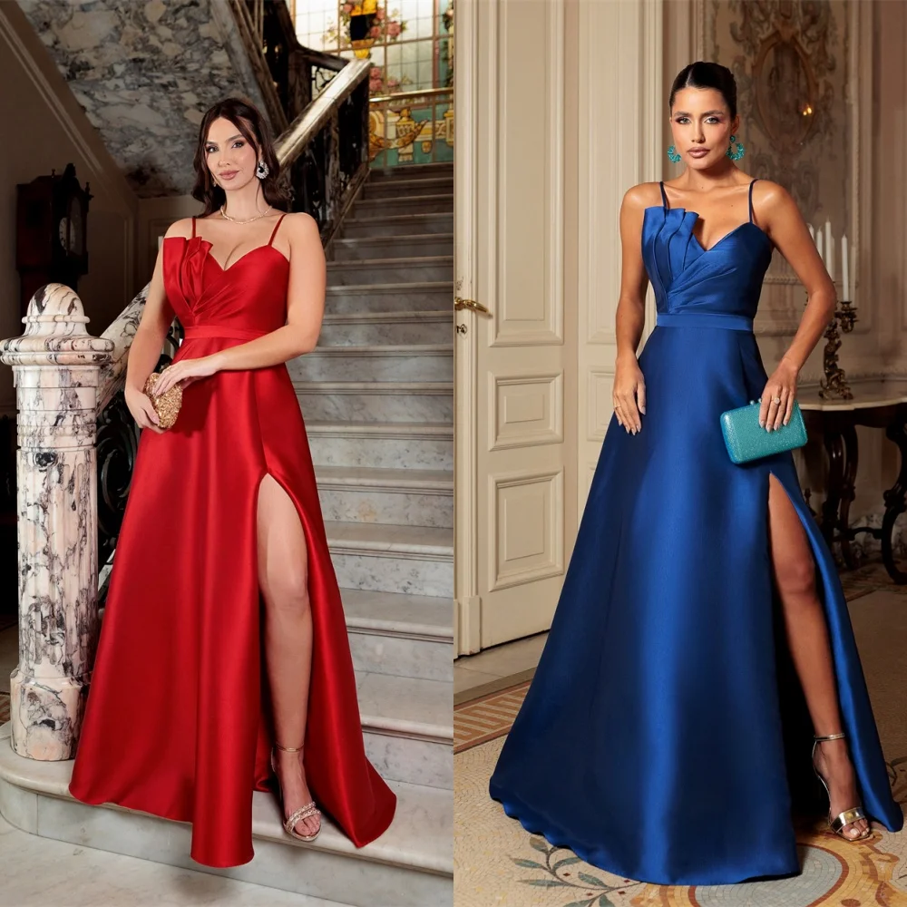 Customized Satin Evening Dress Sexy Style V-Neck Spaghetti Straps Side Slit Party Dresses A-Line High Quality Homecoming Gowns