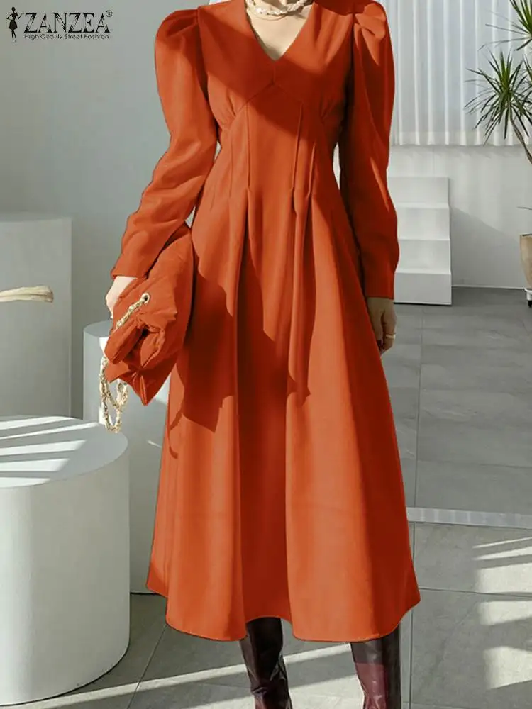 

ZANZEA Elegant Women Dress Fashion V-Neck Pleated Party Vestido 2023 Autumn Collect Waist Robes Sexy Long Puff Sleeve Midi Dress