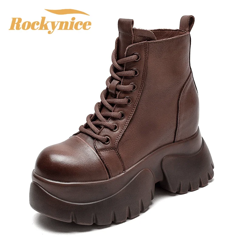 Chunky Heels Platform Boots Autumn Winter Genuine Leather Ankle Boots for Women Handmade Thick Bottom Warm Fur Short Botas 7.5CM