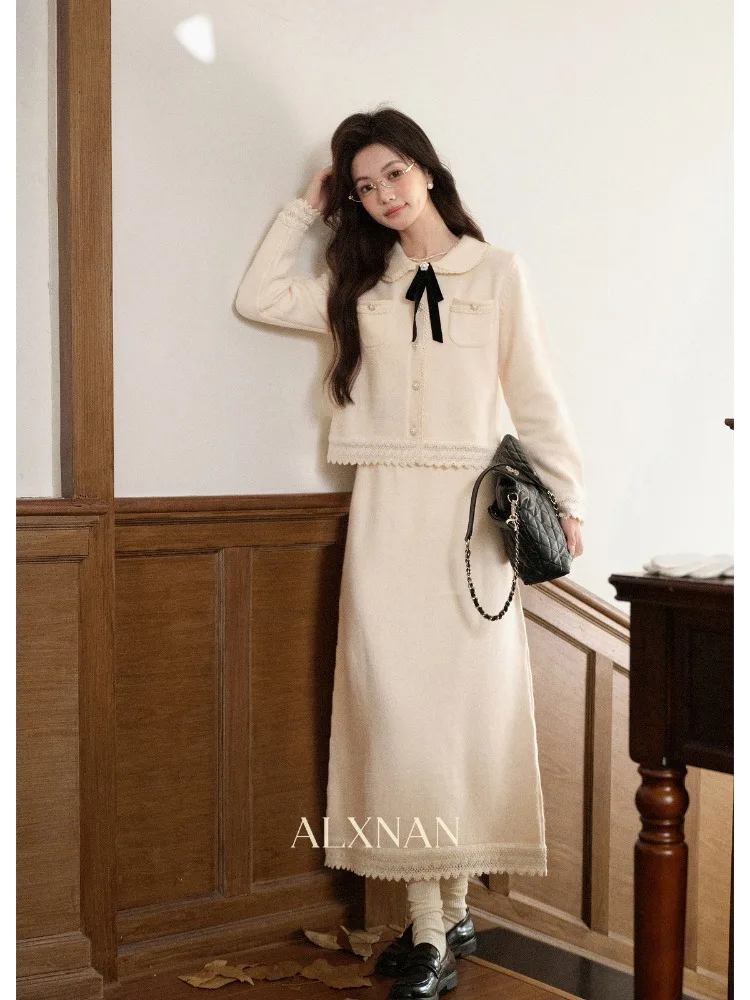 ALXNAN Plus Size Knit Cardigan Women Autumn Winter Warm Elegant Sweater Fashion Casual Bow Pearl Flower Buttons Tops D663083