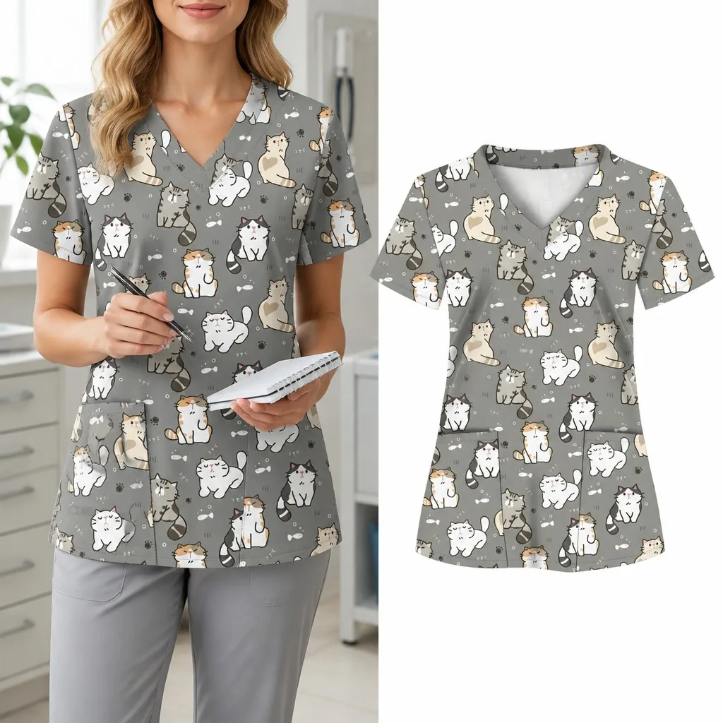Summer Women's V-neck T-shirt, Printed Workwear Top, Animal Nurse Uniform Shirt with Pockets, Hospital Nursing Uniform