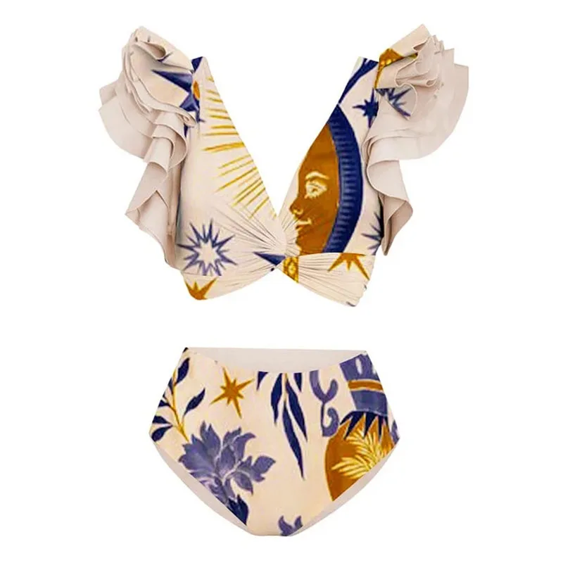One-piece Women Swimwears Swimsuit Set Beach Dress StyleBikini With Off-shoulder Ruffled Ethnic-Print Separates Swimsuit