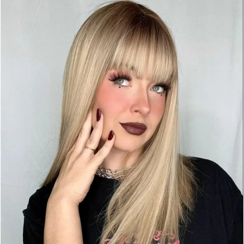 13×4 gerade dunkle Wurzel natürliche Pony Perücke Mittelteil seidig gerade mit Pony braune Perücke hitzebeständige synthetische Lace-Front-Perücke