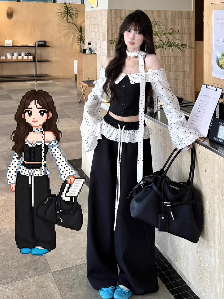韓国風秋ワンピース風バレエポルカドットパッチワークロングスリーブシャツトップセットセクシーハイウエストラッフルワイドレッグパンツ