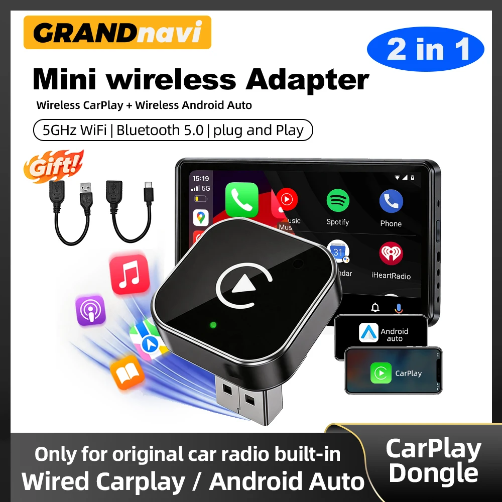 2IN1 Wireless CarPlay Android New Smart Auto Adapter Hassle-Free Plug&Play Stable BT WiFi Connect OTA Upgradable Fit 99% Vehicle