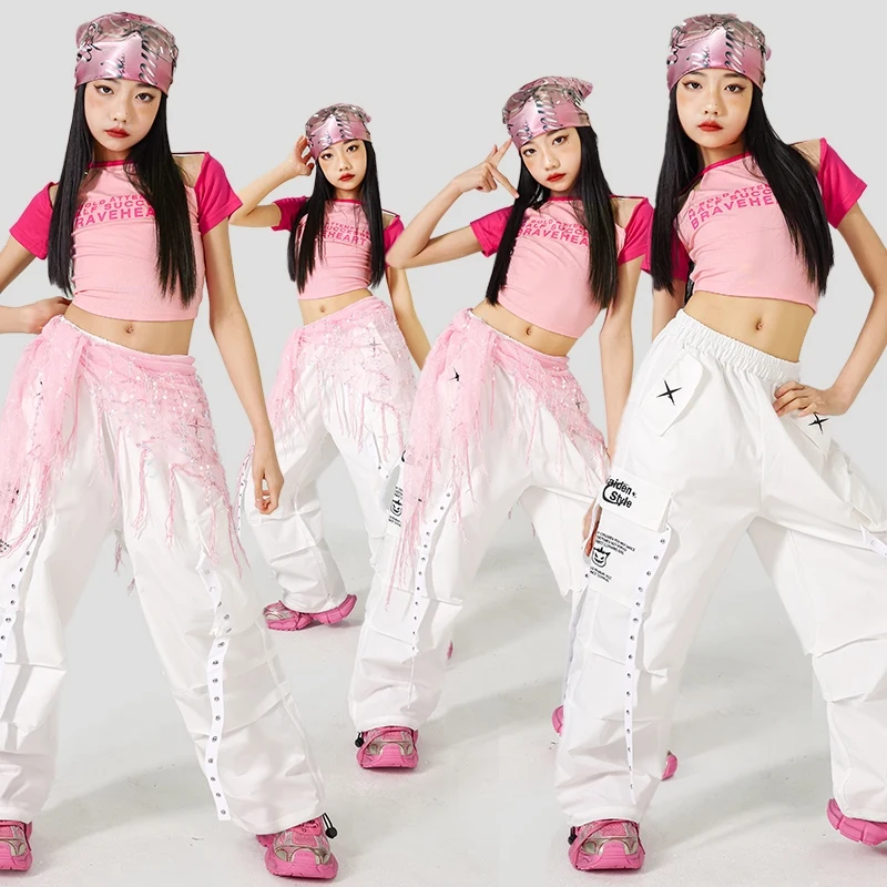 

Jazz Dance Girl Fashion Clothes Kpop Hip Hop Stage Outfit Hollow Out Crop Top Pink Shuffle Pants White Kid Street Dancewear 1834