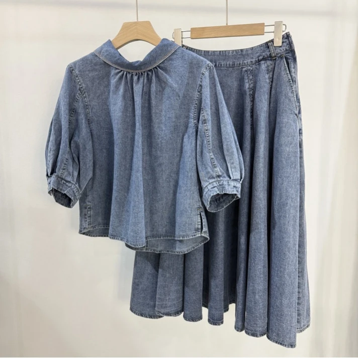 

Ele Pure Denim irt And Skirt Set ort Sve Stand Collar Ba Laced Faionable Women's Clothing Summer 2025