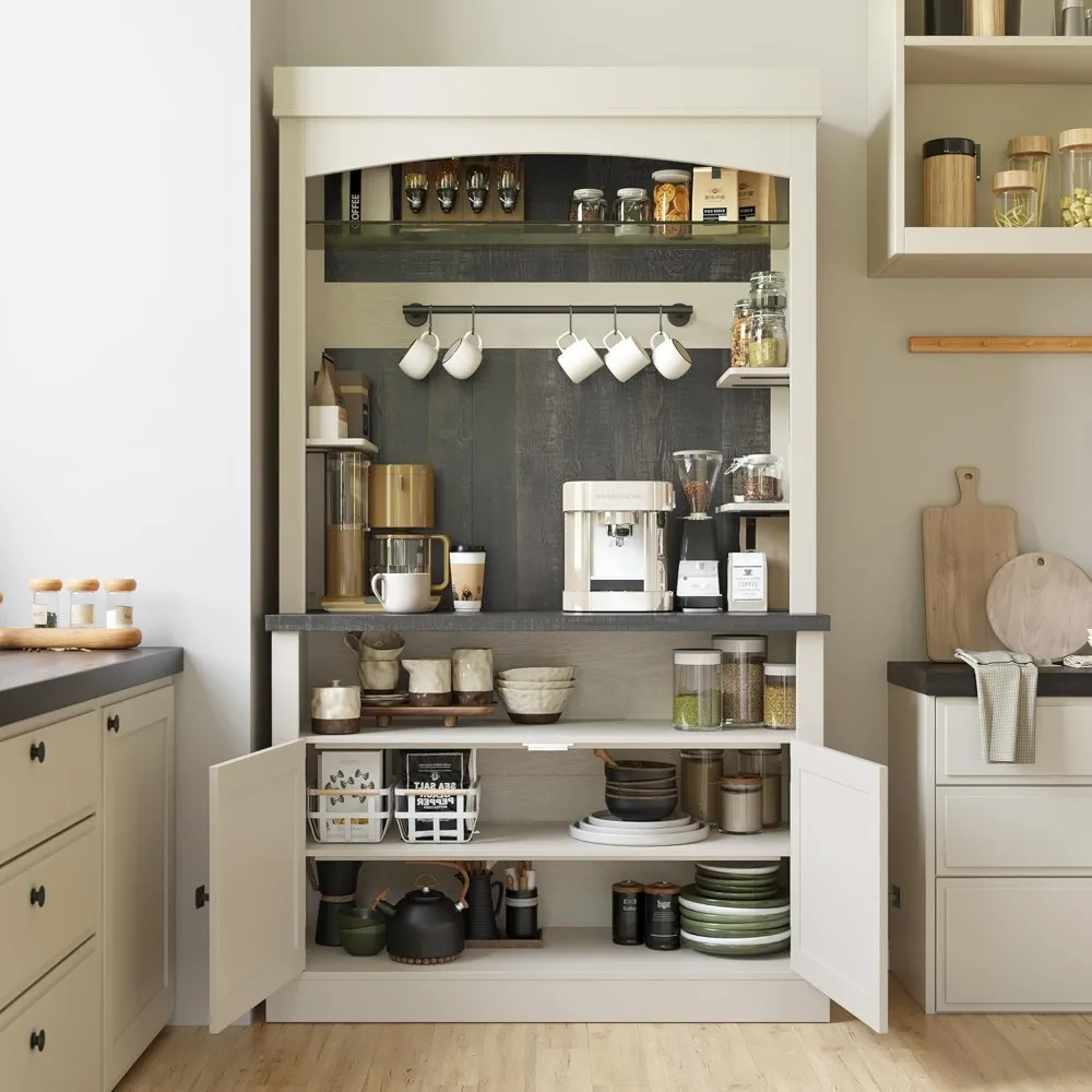 농가 스타일 72인치 높이 커피 바 캐비닛 LED 조명 및 수납 기능이 있는 주방 사이드보드