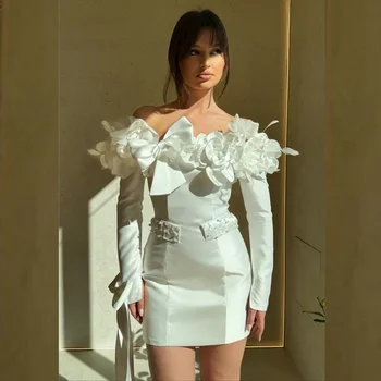맞춤형 새틴 활 플라워 구김, A라인 오프숄더, 맞춤형 가운, 미니 드레스, 사우디 아라비아 무도회 원피스