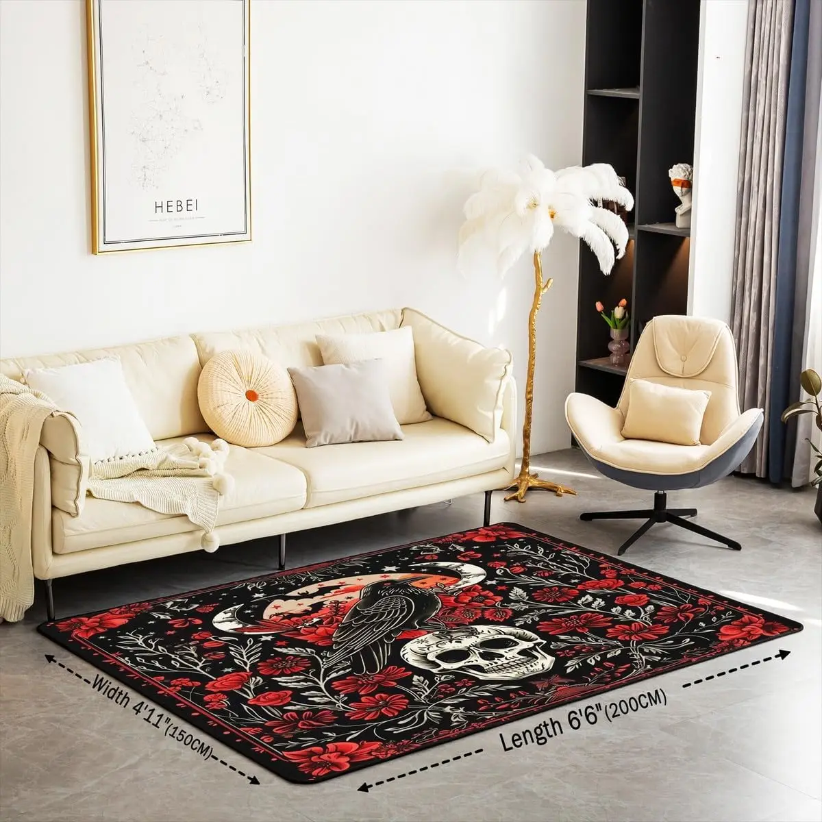 Black Crow Living Room Rugs Halloween Decoration Decorative Carpet for Kids Teens Adult Sugar Skull Skeleton Bones Area Rug