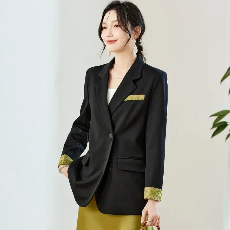เสื้อเบลเซอร์ผู้หญิงสไตล์จีนสุดหรู รุ่นใหม่ ฤดูใบไม้ผลิ/ฤดูใบไม้ร่วง ปี 2025 ทรงโอเวอร์ไซส์ แฟชั่นลำลอง สีสันตัดกัน พรีเมียม