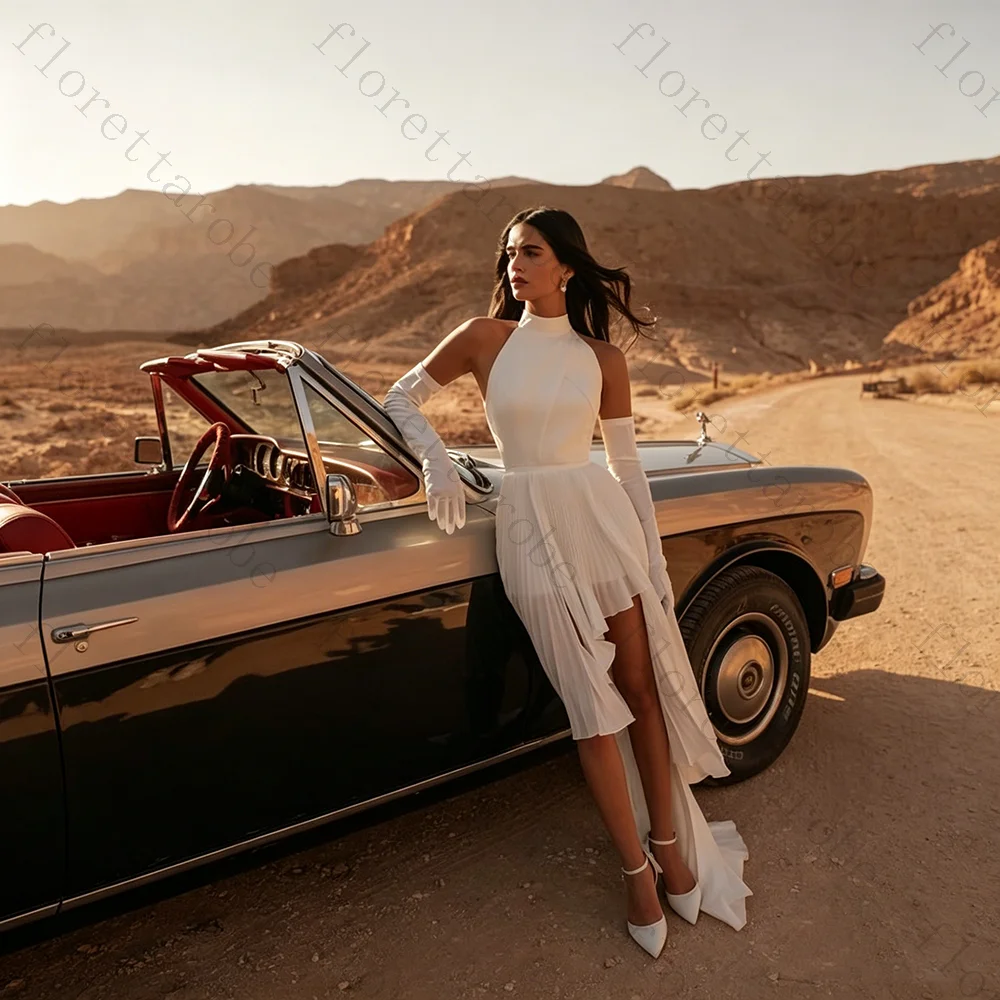Customized Elegant Halter Sleeveless Pleated Wedding Dresses with Long Gloves Irregular High Slit Open Back Bride Gowns for 2026