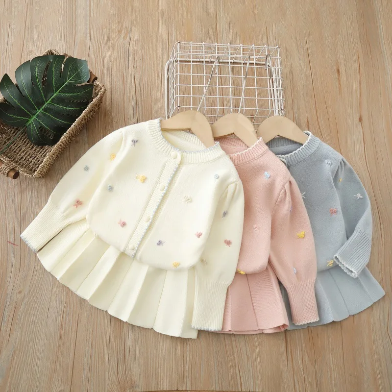 

MILANCEL New Autumn Kids Sweater Set 2-6T Color Bow Girls Knitted Cardigan +Skirt Korean Version Loose Children Outfits 2PCS