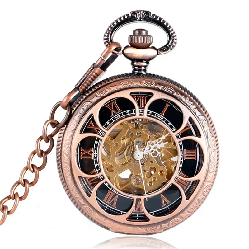 Vintage Hollow Out Pumpkin Mens Womens Auto Mechanical Pocket Watches Roman Number Dial Pendant Chain Skeleton Clock Gift
