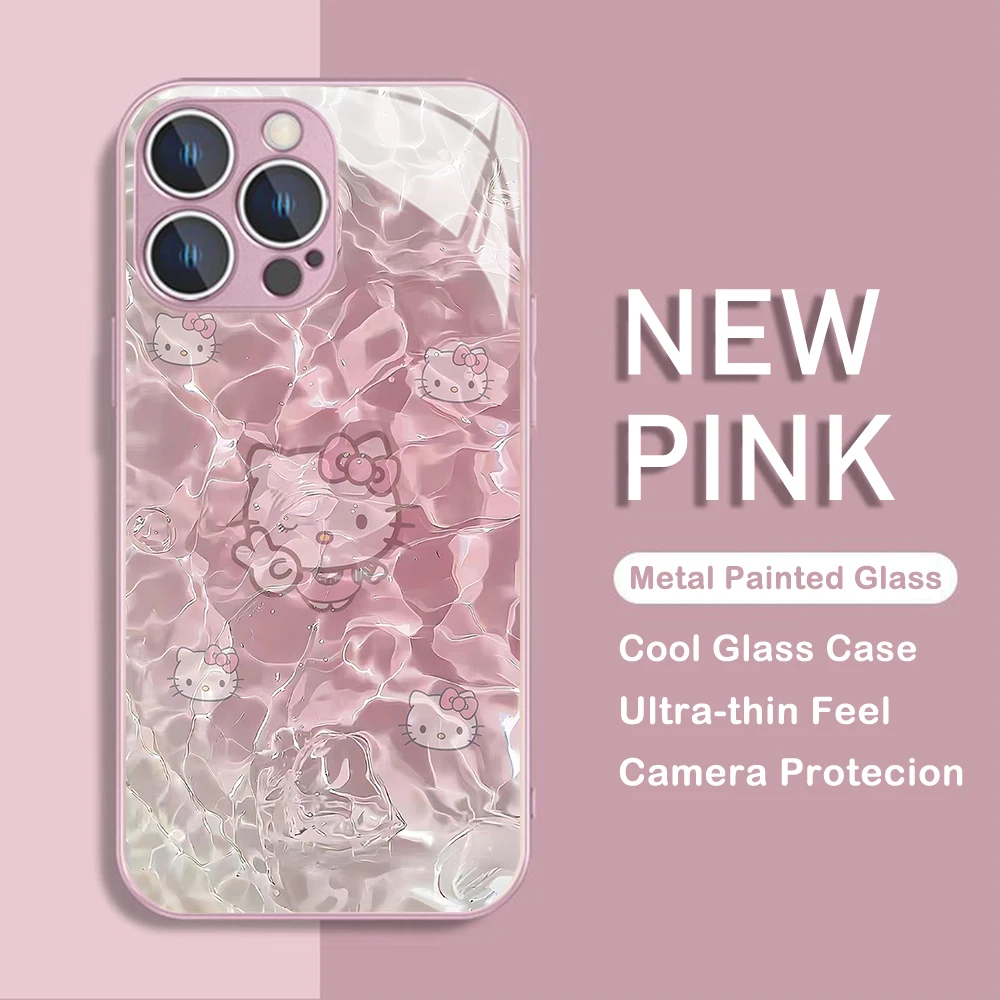Summer Swim Hello Kitty Metallic-Color Phone Case For iPhone X XR XS 16 15 14 13 12 Mini 11 Pro Max 7 8 SE 20 Plus Glass Cover