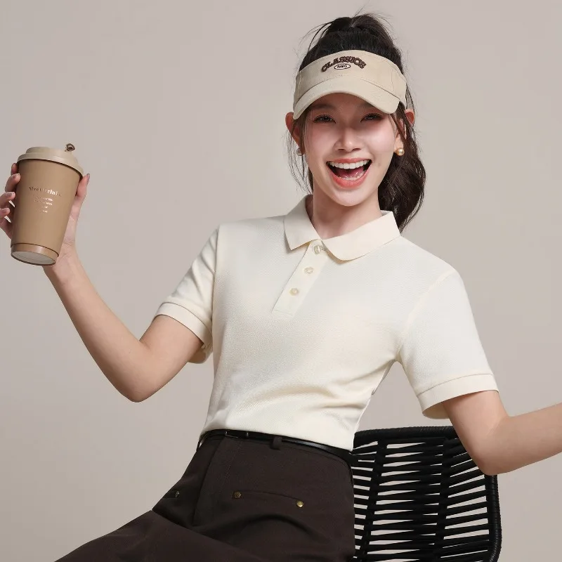 Ladies Summer Fashion Trend Solid Color Polo Shirt Daily Outdoor Sports Leisure Breathable Quick Drying Short Sleeve T-shirt