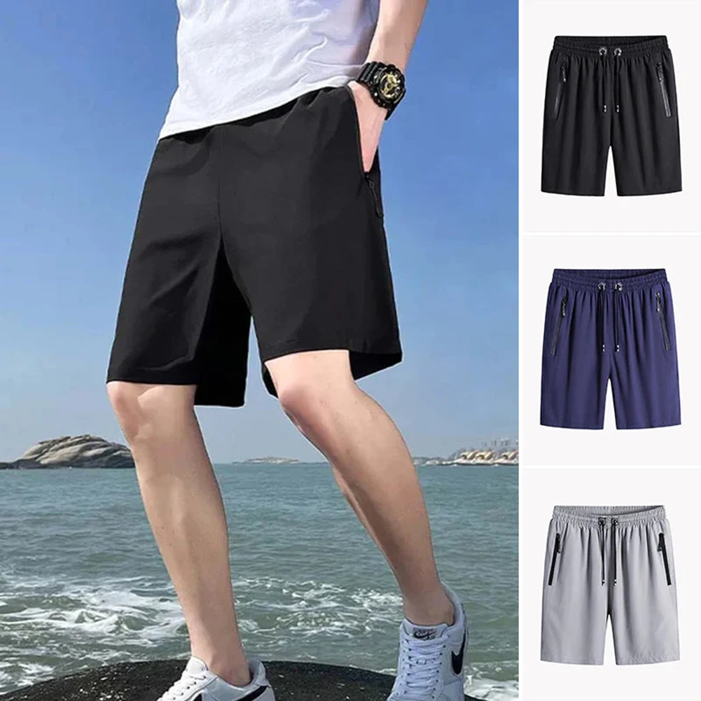 Solid-Color Zipper Pockets Loose Beach Shorts High Elasticity Washable Pants For Fitness Gym Wear