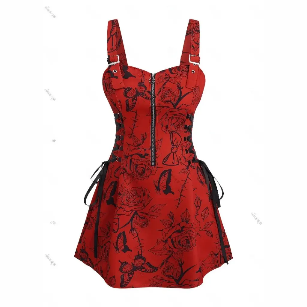 plus Size Women's Slimming Dress with Shoulder Straps Full Print Skull Pattern European American Trendy Zipper Detail