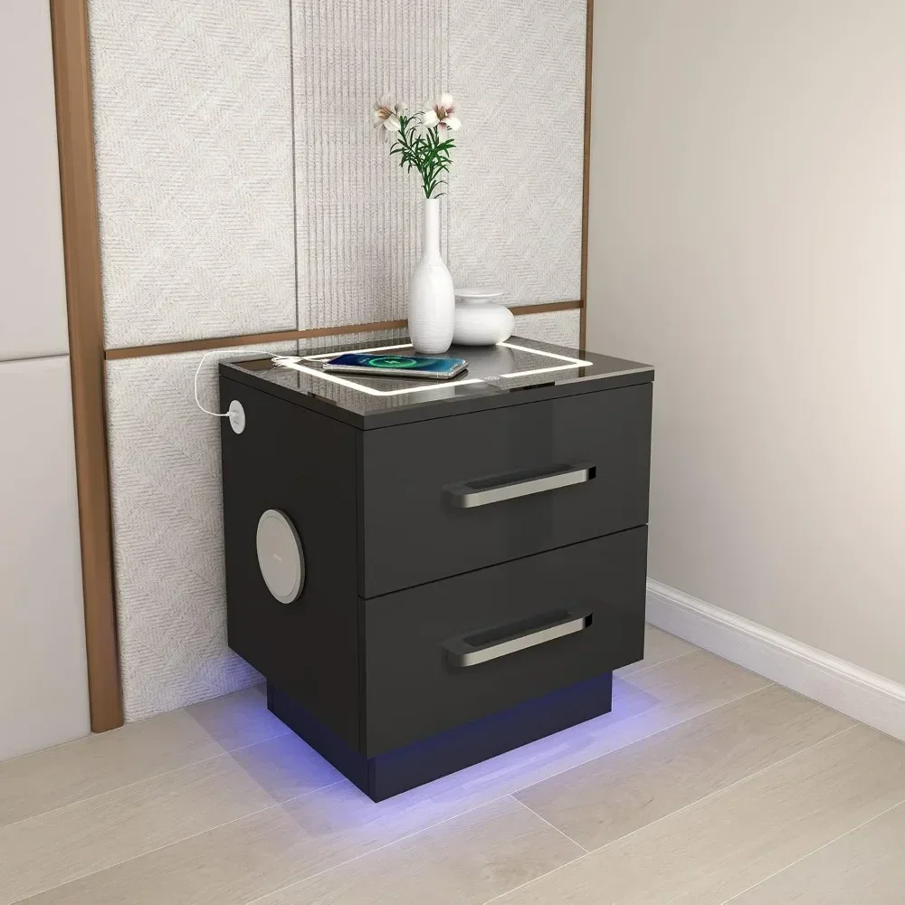 LED Nightstand, USB Ports and Wireless Charging Station 2 Storage Drawers and Bluetooth Speaker, LED Night Stands 2 Piece Set