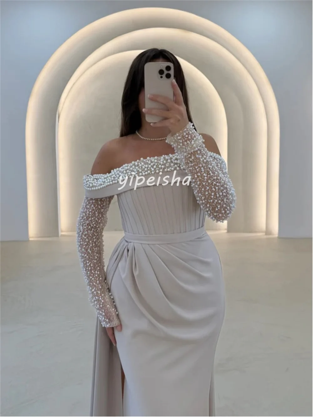 تخصيص معقدة البريق جيرسي اللؤلؤ حجر الراين وشاح ثنيات حورية البحر خارج على الكتف فساتين طويلة فساتين السهرة رائعة #3